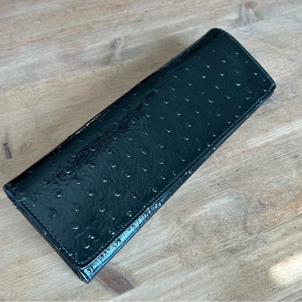 Black Patent Faux Leather Ostrich Style Embossed XL Clutch Wallet, 11.5”